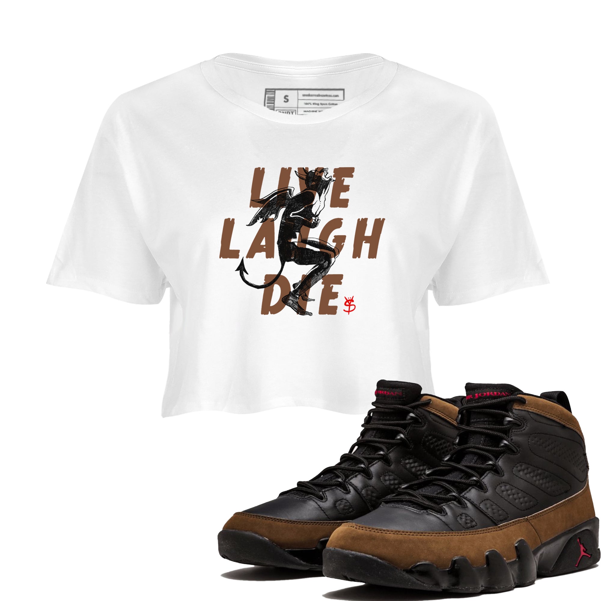 9s Olive shirts to match jordans Laughing Devil sneaker match tees Air Jordan 9 Olive match shoes to clothes Drip Gear Zone unisex cotton White 1 crop tee