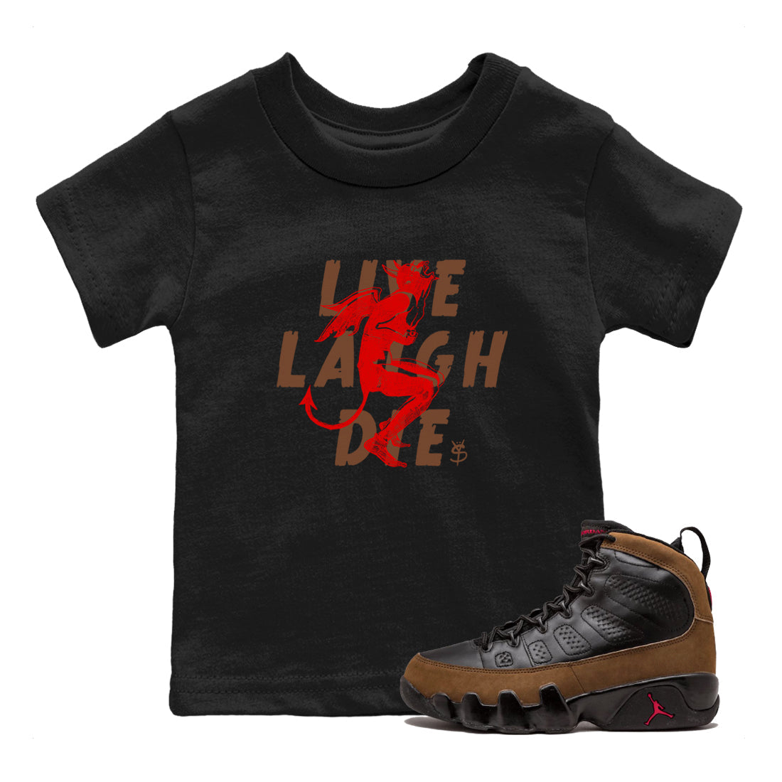 9s Olive shirts to match jordans Laughing Devil sneaker match tees Air Jordan 9 Olive match shoes to clothes Drip Gear Zone Youth Baby Black 1 tee
