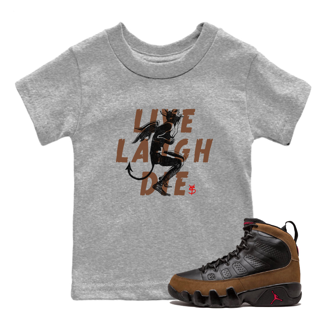 9s Olive shirts to match jordans Laughing Devil sneaker match tees Air Jordan 9 Olive match shoes to clothes Drip Gear Zone Youth Baby Heather Grey 1 tee