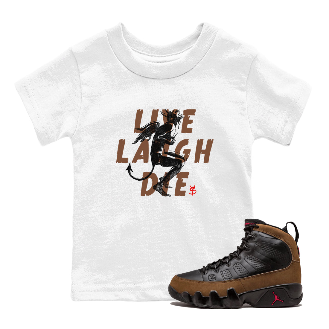 9s Olive shirts to match jordans Laughing Devil sneaker match tees Air Jordan 9 Olive match shoes to clothes Drip Gear Zone Youth Baby White 1 tee