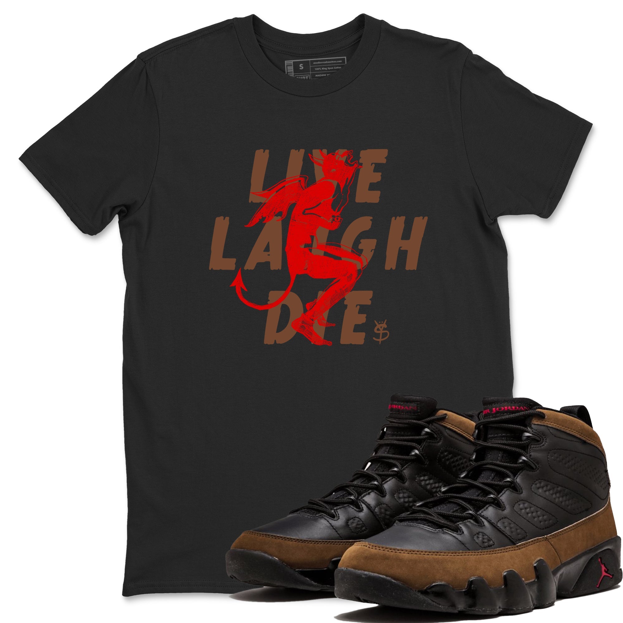9s Olive shirts to match jordans Laughing Devil sneaker match tees Air Jordan 9 Olive match shoes to clothes Drip Gear Zone unisex cotton Black 1 shirts