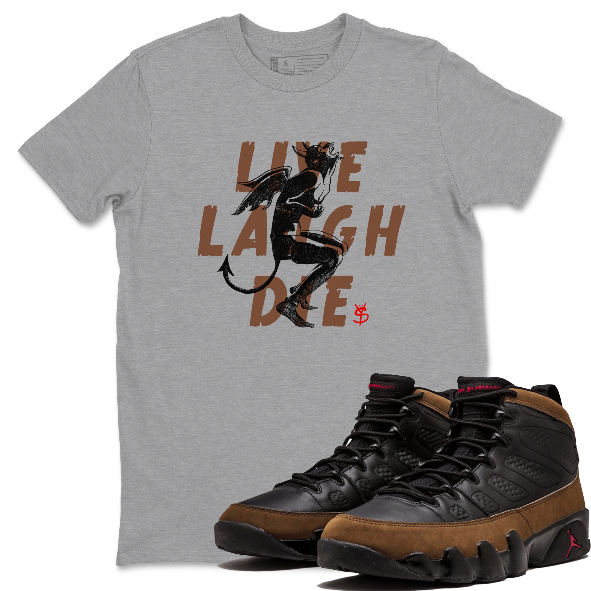 9s Olive shirts to match jordans Laughing Devil sneaker match tees Air Jordan 9 Olive match shoes to clothes Drip Gear Zone unisex cotton Heather Grey 1 shirts