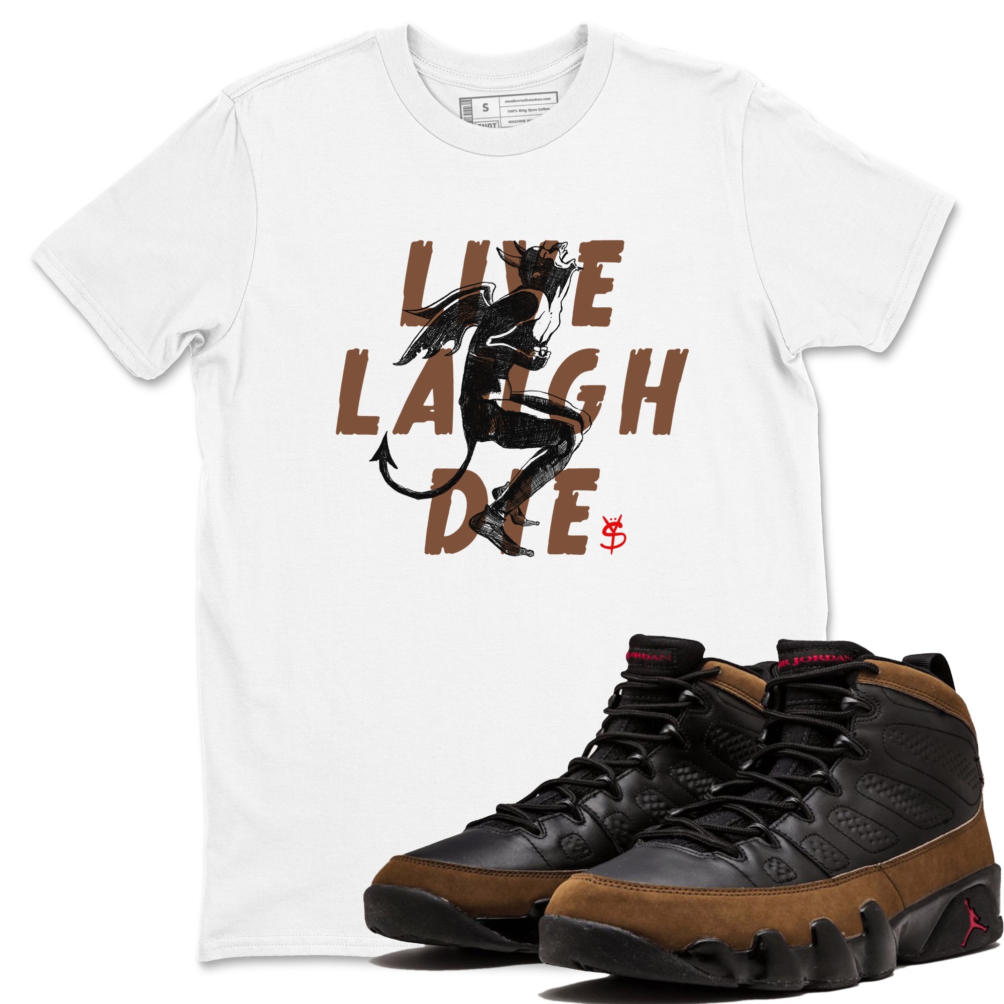 9s Olive shirts to match jordans Laughing Devil sneaker match tees Air Jordan 9 Olive match shoes to clothes Drip Gear Zone unisex cotton White 1 shirts