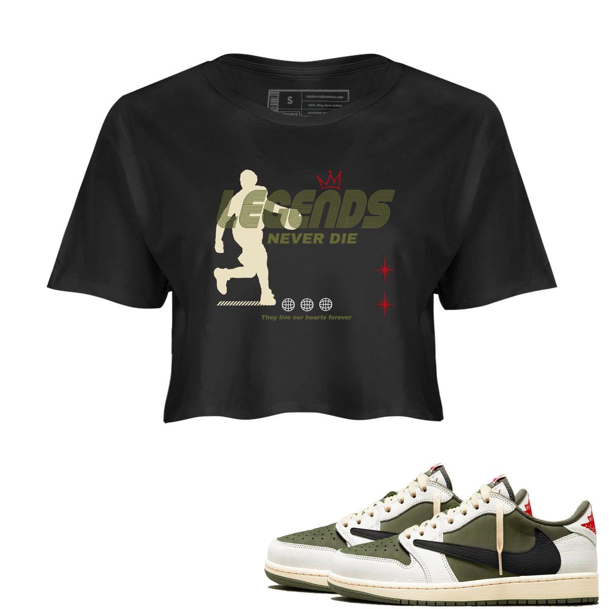 Jordan 1 Olive t shirts to match sneakers Legends Never Die sneaker match tees Air Jordan 1 Low x Travis Scott Reverse Olive tee Drip Gear Zone unisex cotton Black 1 crop tee