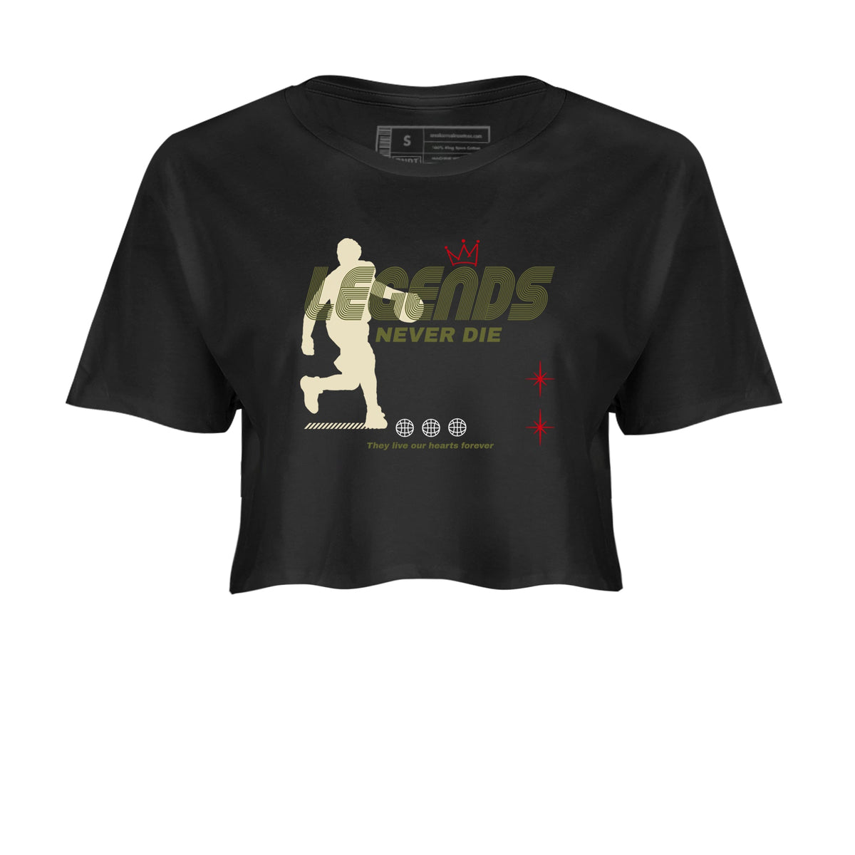 Jordan 1 Olive t shirts to match sneakers Legends Never Die sneaker match tees Air Jordan 1 Low x Travis Scott Reverse Olive tee Drip Gear Zone unisex cotton Black 2 crop tee