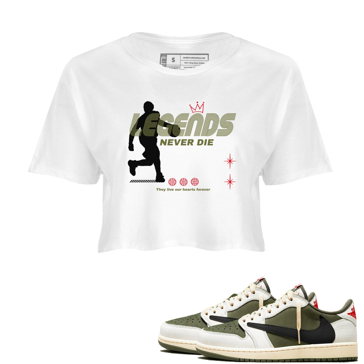 Jordan 1 Olive t shirts to match sneakers Legends Never Die sneaker match tees Air Jordan 1 Low x Travis Scott Reverse Olive tee Drip Gear Zone unisex cotton White 1 crop tee