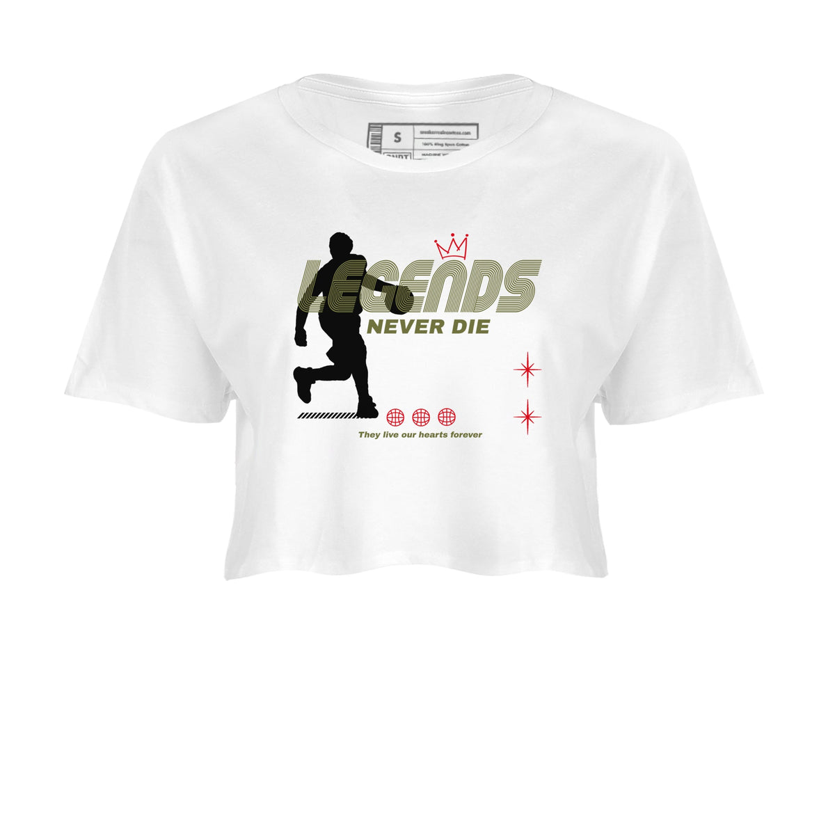 Jordan 1 Olive t shirts to match sneakers Legends Never Die sneaker match tees Air Jordan 1 Low x Travis Scott Reverse Olive tee Drip Gear Zone unisex cotton White 2 crop tee