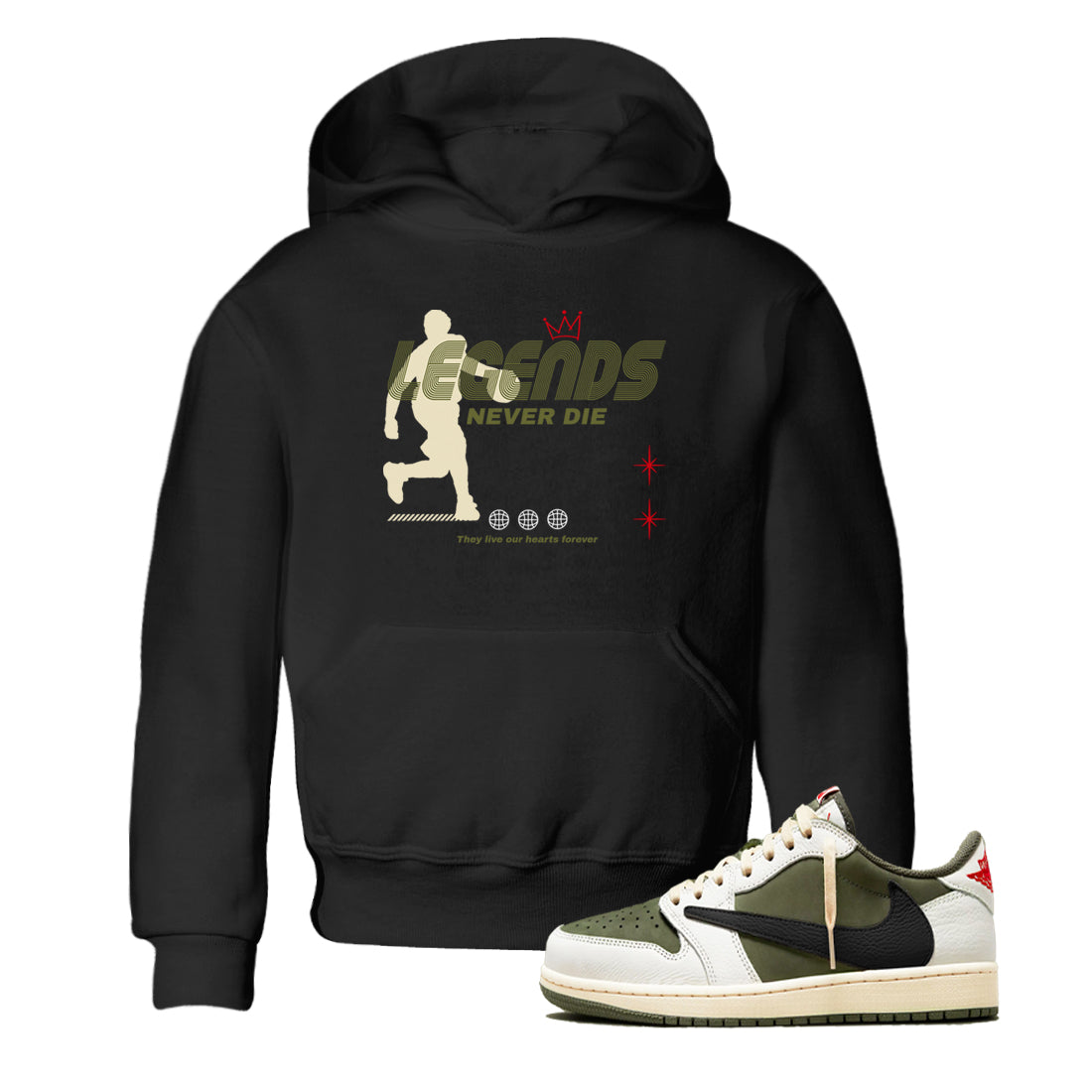 Jordan 1 Olive t shirts to match sneakers Legends Never Die sneaker match tees Air Jordan 1 Low x Travis Scott Reverse Olive tee Drip Gear Zone Youth Baby Black 1 tee