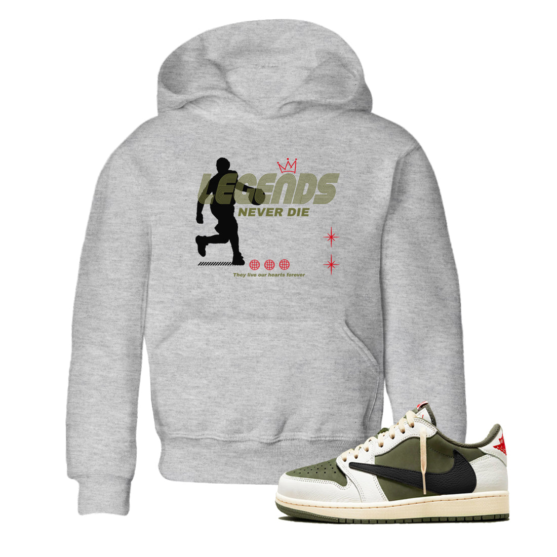 Jordan 1 Olive t shirts to match sneakers Legends Never Die sneaker match tees Air Jordan 1 Low x Travis Scott Reverse Olive tee Drip Gear Zone Youth Baby Heather Grey 1 tee