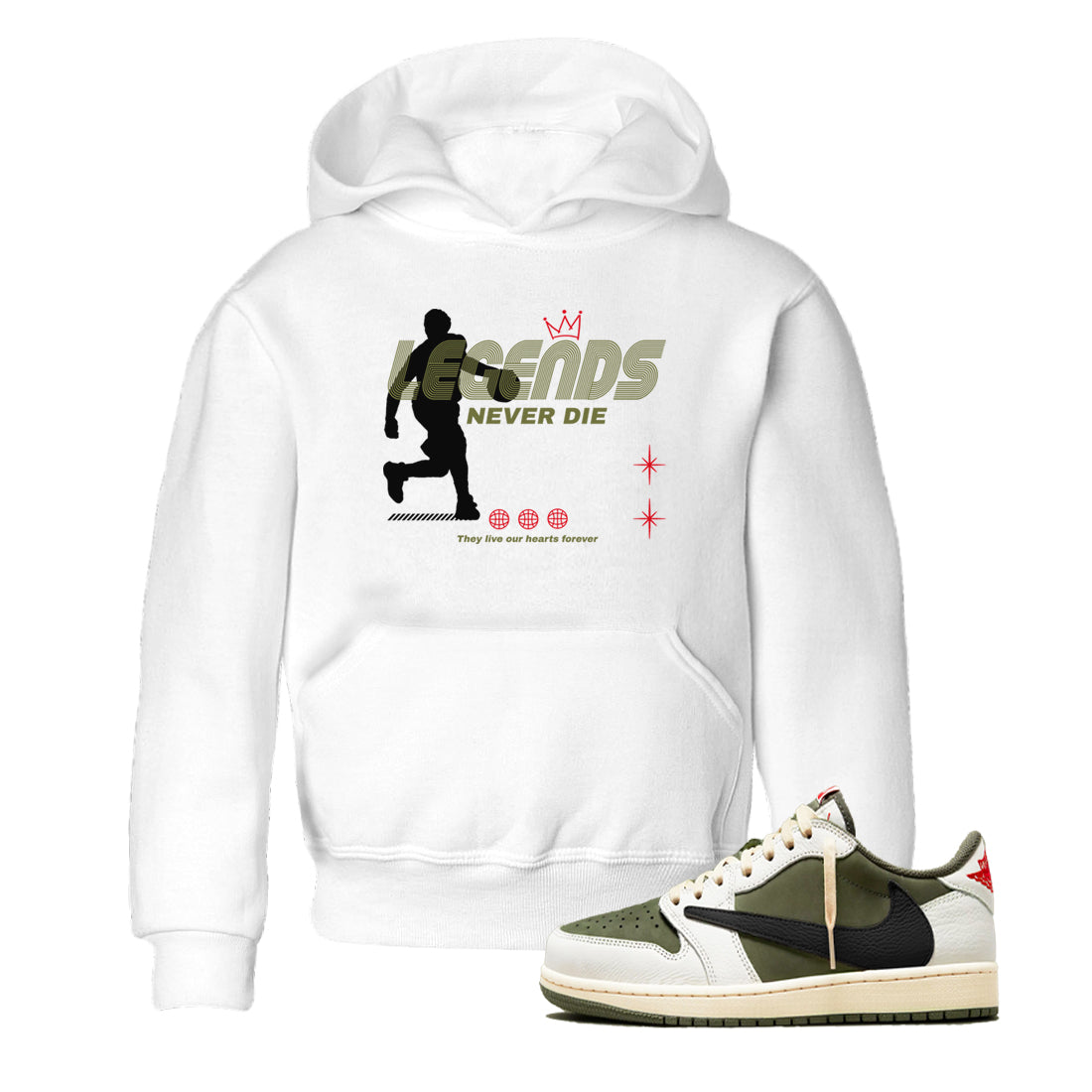 Jordan 1 Olive t shirts to match sneakers Legends Never Die sneaker match tees Air Jordan 1 Low x Travis Scott Reverse Olive tee Drip Gear Zone Youth Baby White 1 tee