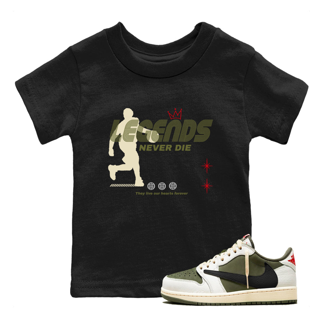 Jordan 1 Olive t shirts to match sneakers Legends Never Die sneaker match tees Air Jordan 1 Low x Travis Scott Reverse Olive tee Drip Gear Zone Youth Baby Black 1 tee