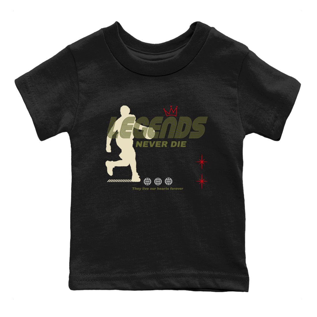Jordan 1 Olive t shirts to match sneakers Legends Never Die sneaker match tees Air Jordan 1 Low x Travis Scott Reverse Olive tee Drip Gear Zone Youth Baby Black 2 tee