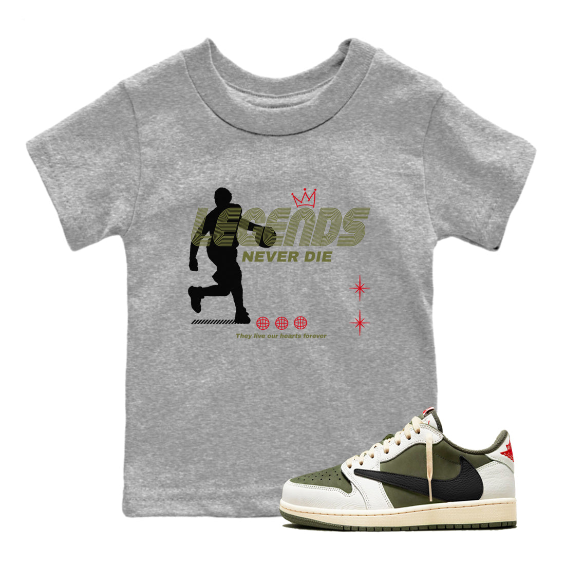 Jordan 1 Olive t shirts to match sneakers Legends Never Die sneaker match tees Air Jordan 1 Low x Travis Scott Reverse Olive tee Drip Gear Zone Youth Baby Heather Grey 1 tee