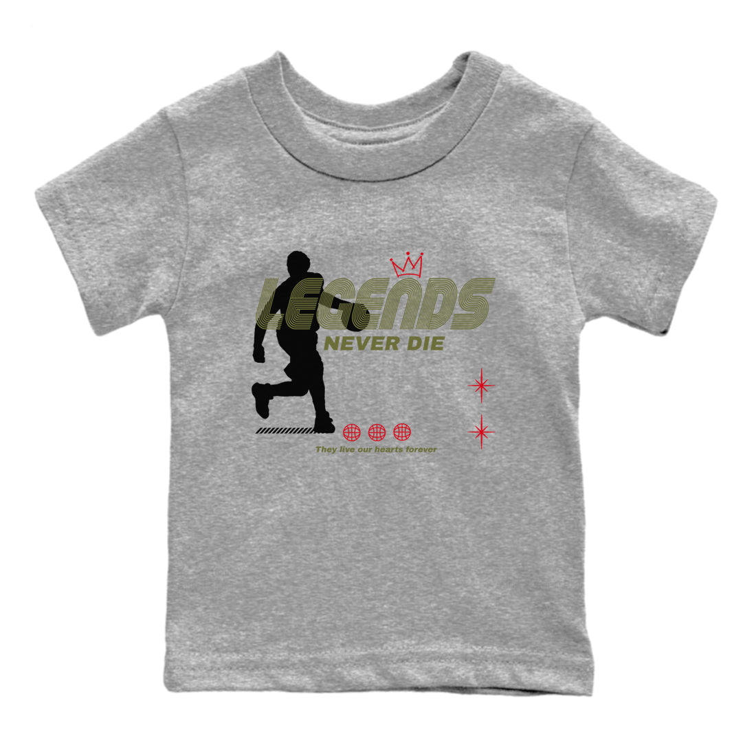 Jordan 1 Olive t shirts to match sneakers Legends Never Die sneaker match tees Air Jordan 1 Low x Travis Scott Reverse Olive tee Drip Gear Zone Youth Baby Heather Grey 2 tee
