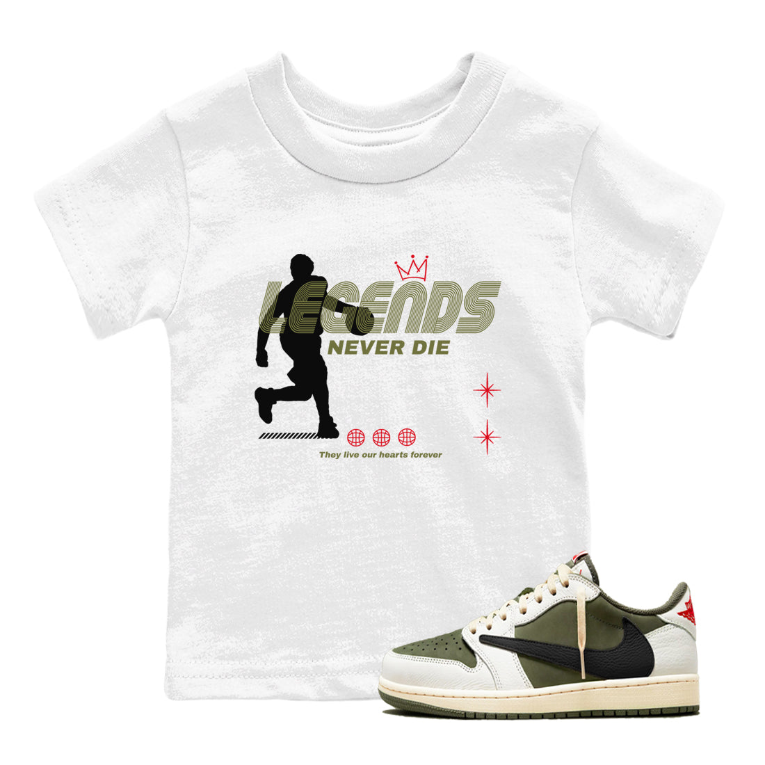 Jordan 1 Olive t shirts to match sneakers Legends Never Die sneaker match tees Air Jordan 1 Low x Travis Scott Reverse Olive tee Drip Gear Zone Youth Baby White 1 tee