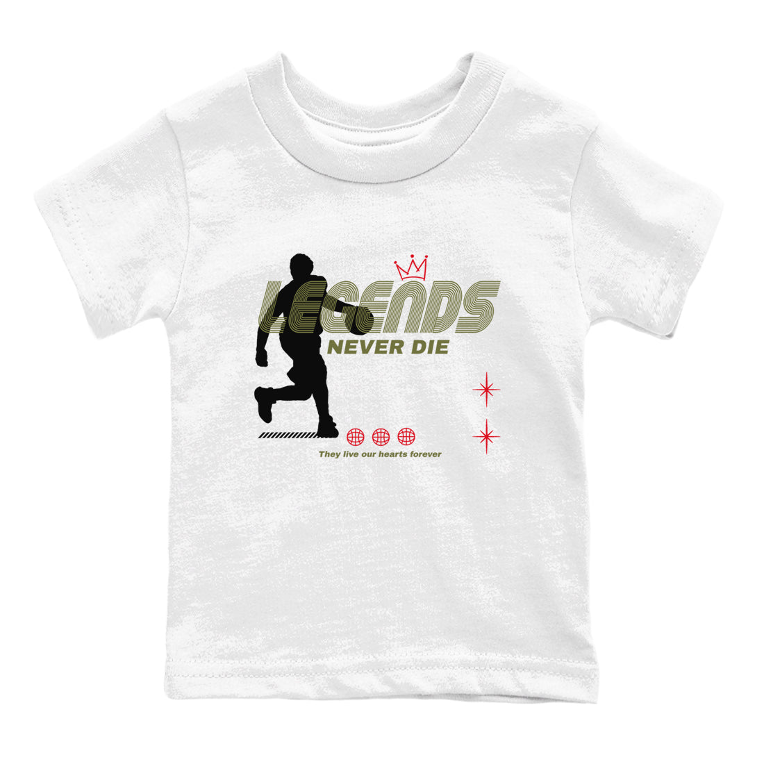 Jordan 1 Olive t shirts to match sneakers Legends Never Die sneaker match tees Air Jordan 1 Low x Travis Scott Reverse Olive tee Drip Gear Zone Youth Baby White 2 tee