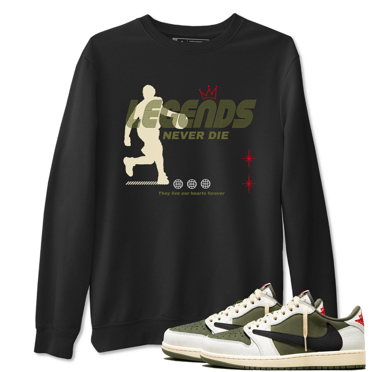 Jordan 1 Olive t shirts to match sneakers Legends Never Die sneaker match tees Air Jordan 1 Low x Travis Scott Reverse Olive tee Drip Gear Zone unisex cotton Black 1 shirts