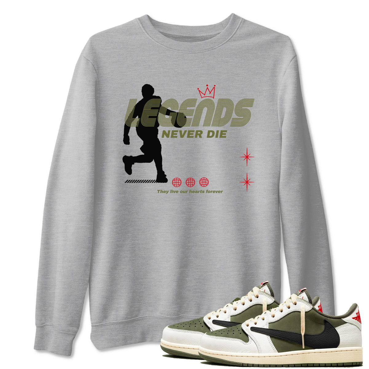 Jordan 1 Olive t shirts to match sneakers Legends Never Die sneaker match tees Air Jordan 1 Low x Travis Scott Reverse Olive tee Drip Gear Zone unisex cotton Heather Grey 1 shirts