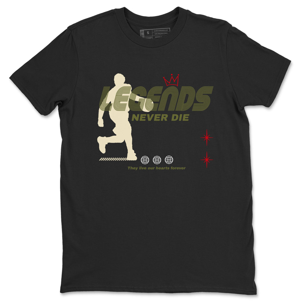 Jordan 1 Olive t shirts to match sneakers Legends Never Die sneaker match tees Air Jordan 1 Low x Travis Scott Reverse Olive tee Drip Gear Zone unisex cotton Black 2 shirts