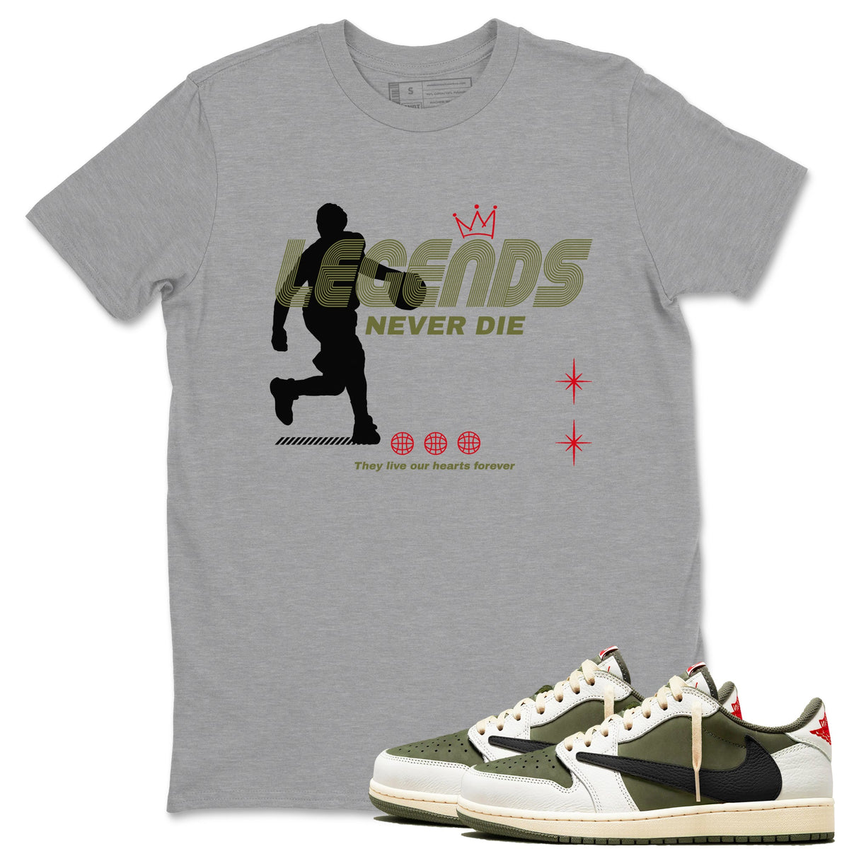 Jordan 1 Olive t shirts to match sneakers Legends Never Die sneaker match tees Air Jordan 1 Low x Travis Scott Reverse Olive tee Drip Gear Zone unisex cotton Heather Grey 1 shirts