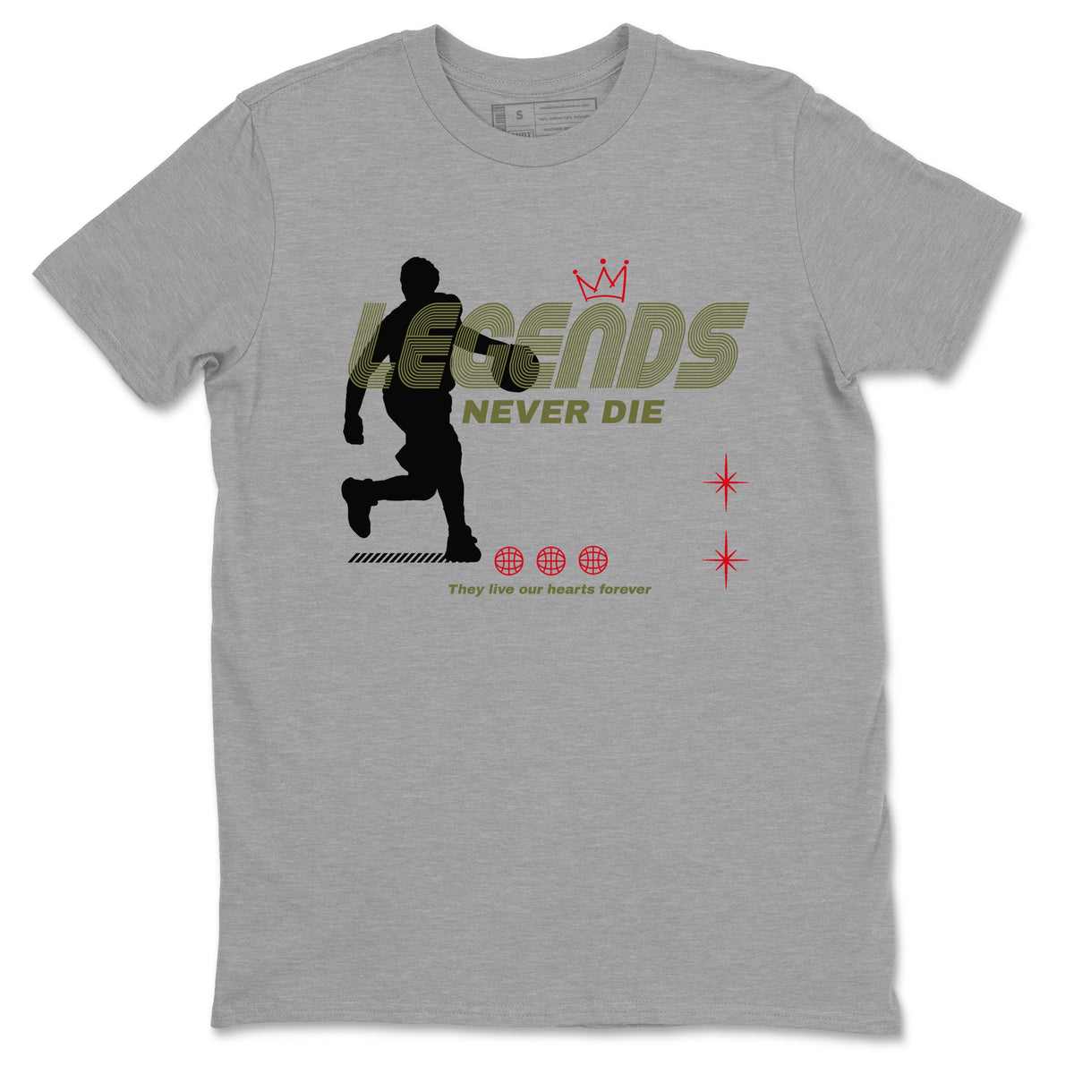 Jordan 1 Olive t shirts to match sneakers Legends Never Die sneaker match tees Air Jordan 1 Low x Travis Scott Reverse Olive tee Drip Gear Zone unisex cotton Heather Grey 2 shirts