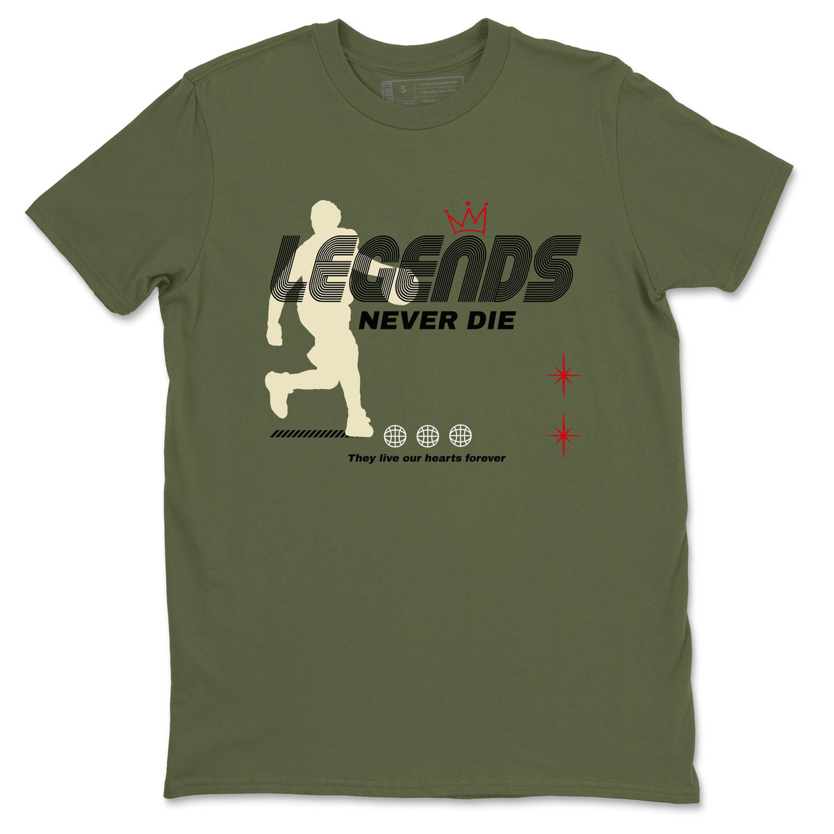 Jordan 1 Olive t shirts to match sneakers Legends Never Die sneaker match tees Air Jordan 1 Low x Travis Scott Reverse Olive tee Drip Gear Zone unisex cotton Military Green 2 shirts