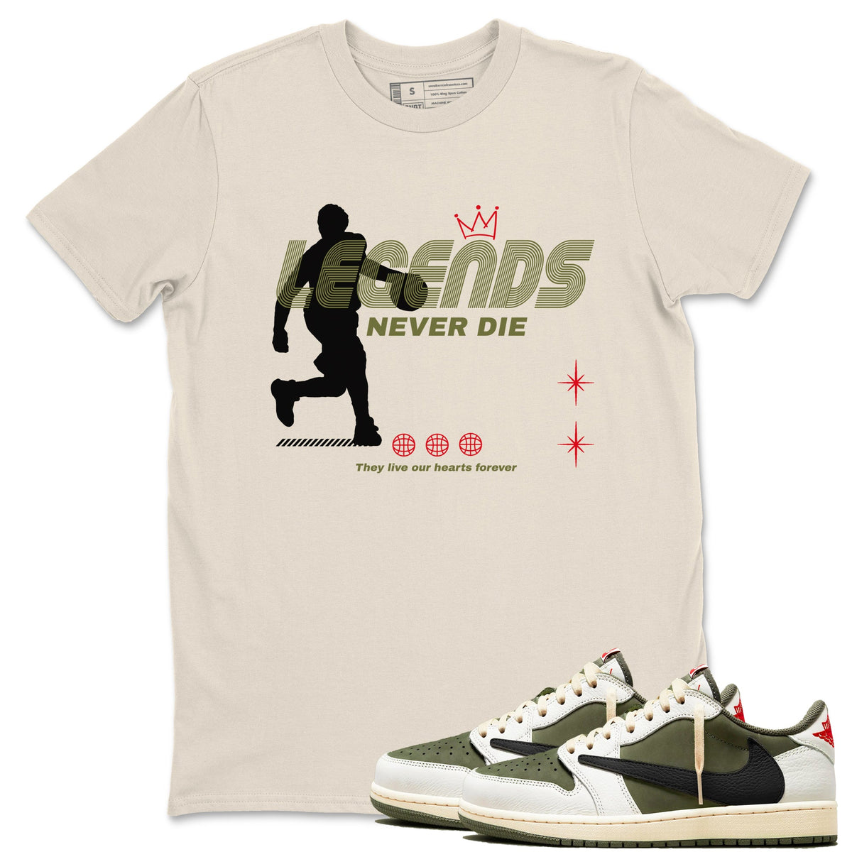 Jordan 1 Olive t shirts to match sneakers Legends Never Die sneaker match tees Air Jordan 1 Low x Travis Scott Reverse Olive tee Drip Gear Zone unisex cotton Natural 1 shirts