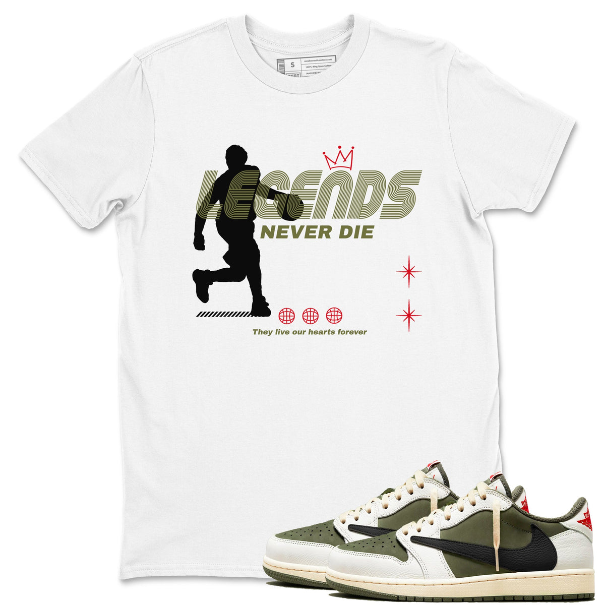 Jordan 1 Olive t shirts to match sneakers Legends Never Die sneaker match tees Air Jordan 1 Low x Travis Scott Reverse Olive tee Drip Gear Zone unisex cotton White 1 shirts