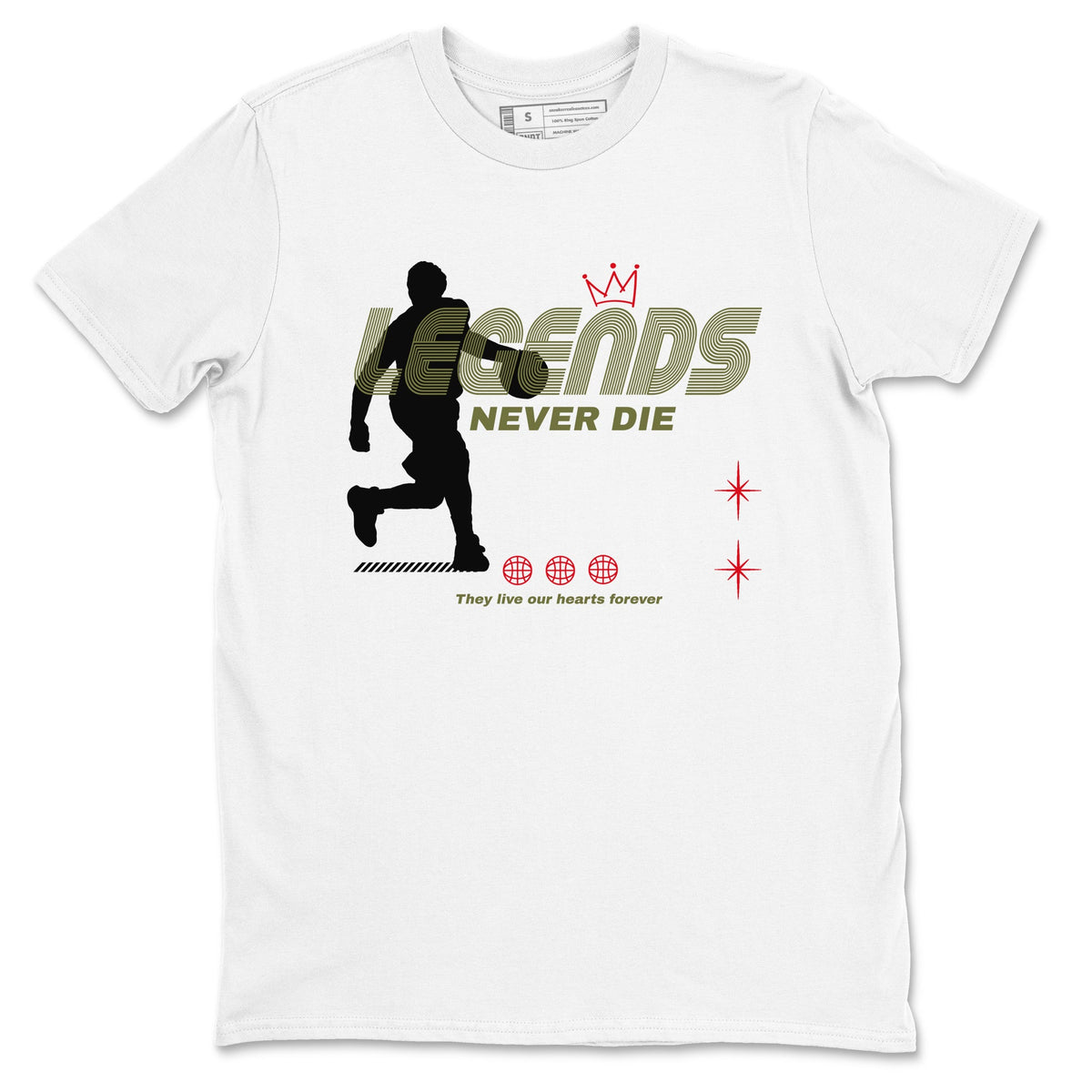 Jordan 1 Olive t shirts to match sneakers Legends Never Die sneaker match tees Air Jordan 1 Low x Travis Scott Reverse Olive tee Drip Gear Zone unisex cotton White 2 shirts