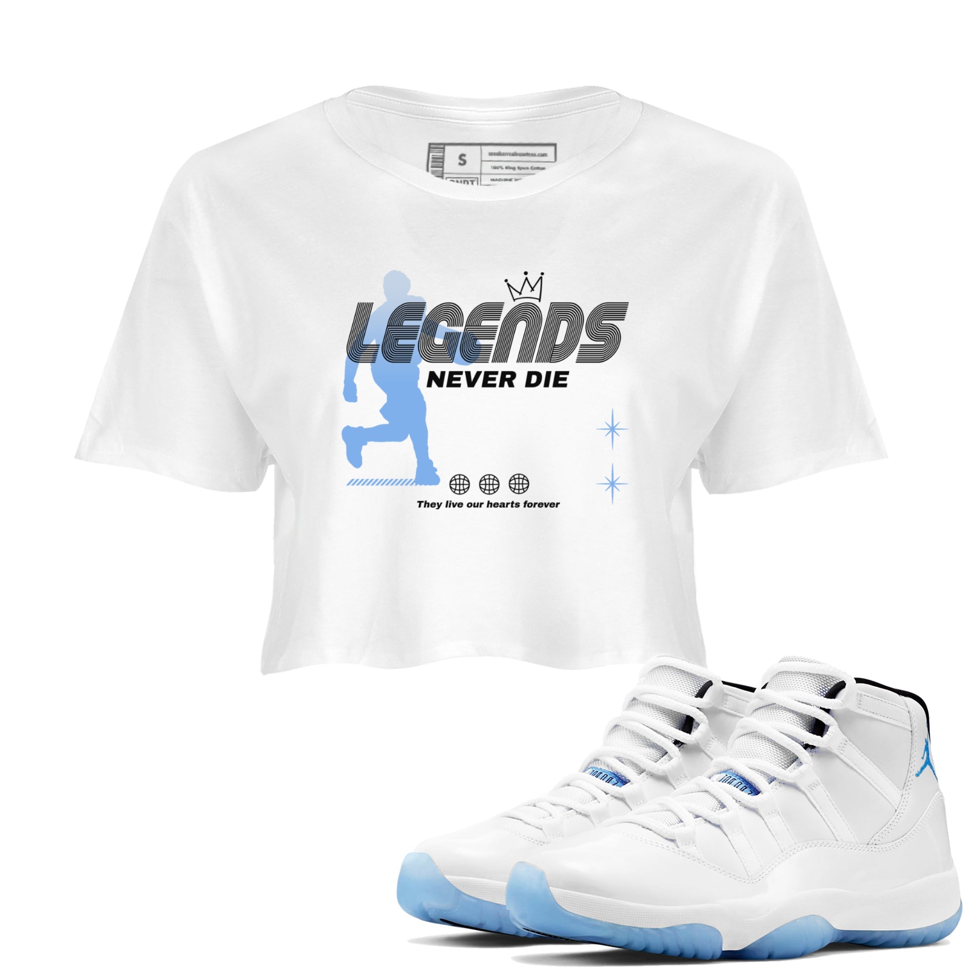 11s Legend Blue shirts to match jordans Legends Never Die sneaker match tees Air Jordan 11 Legend Blue match shoes to clothes Drip Gear Zone unisex cotton White 1 crop tee
