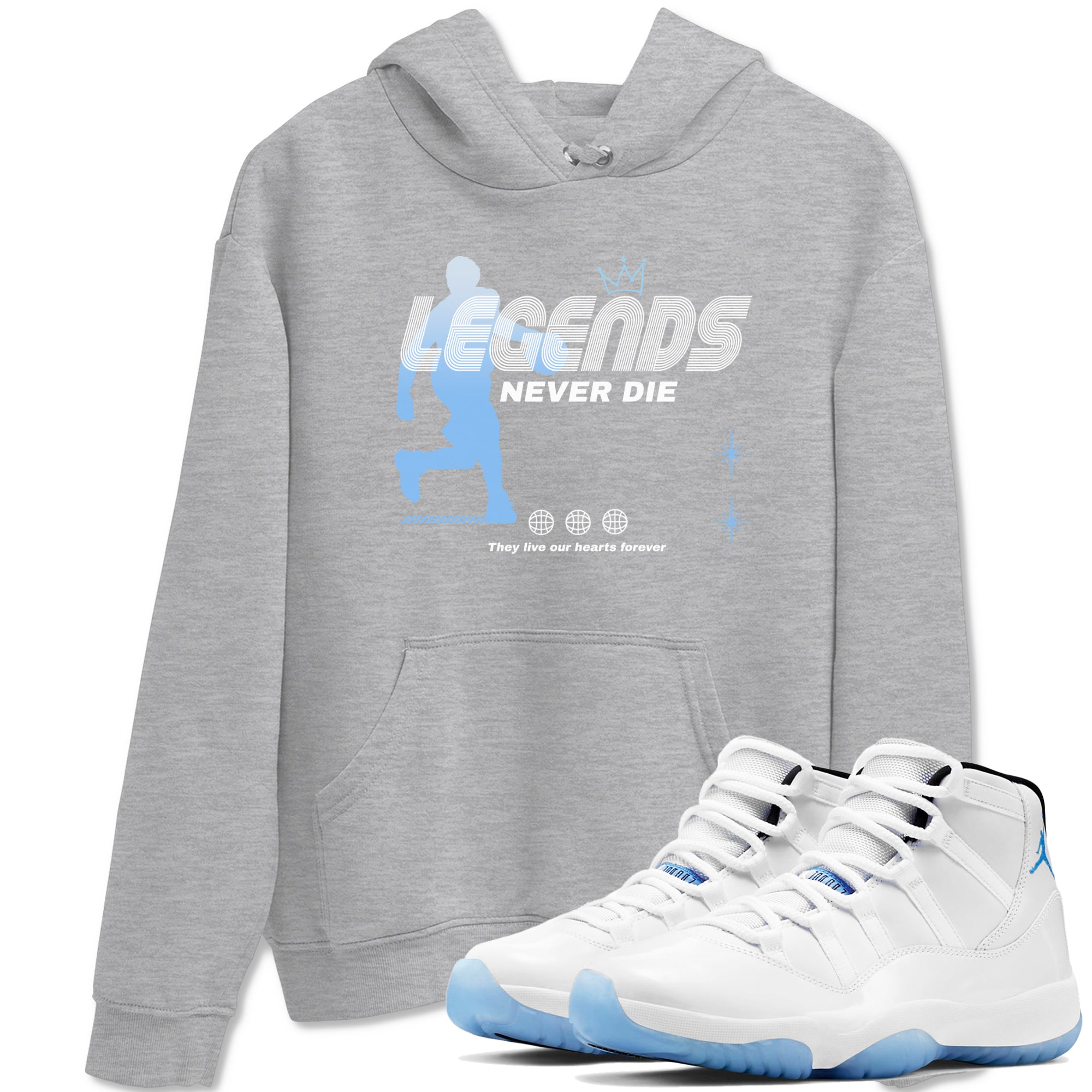 11s Legend Blue shirts to match jordans Legends Never Die sneaker match tees Air Jordan 11 Legend Blue match shoes to clothes Drip Gear Zone unisex cotton Heather Grey 1 shirts