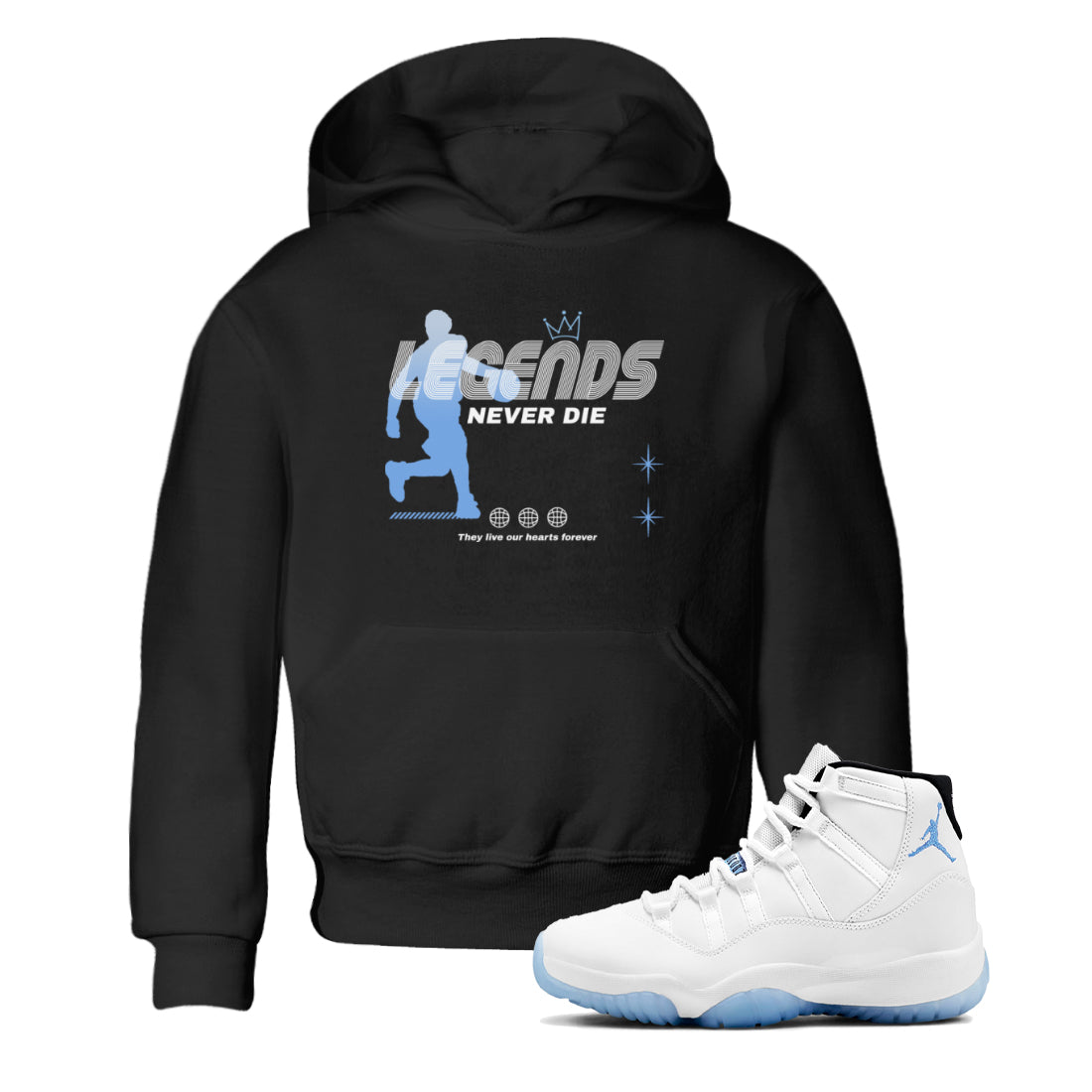 11s Legend Blue shirts to match jordans Legends Never Die sneaker match tees Air Jordan 11 Legend Blue match shoes to clothes Drip Gear Zone Youth Baby Black 1 tee