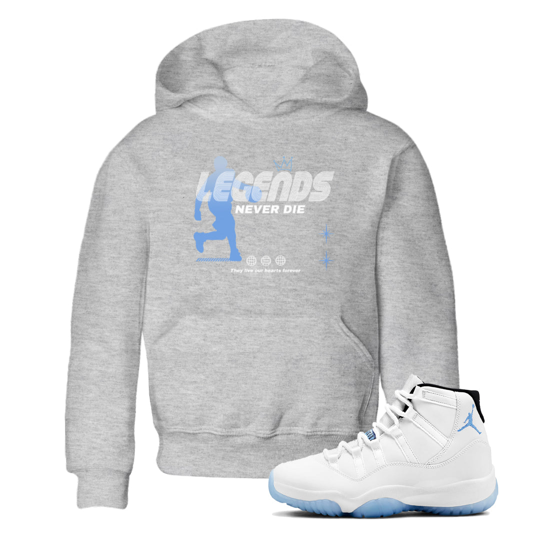 11s Legend Blue shirts to match jordans Legends Never Die sneaker match tees Air Jordan 11 Legend Blue match shoes to clothes Drip Gear Zone Youth Baby Heather Grey 1 tee