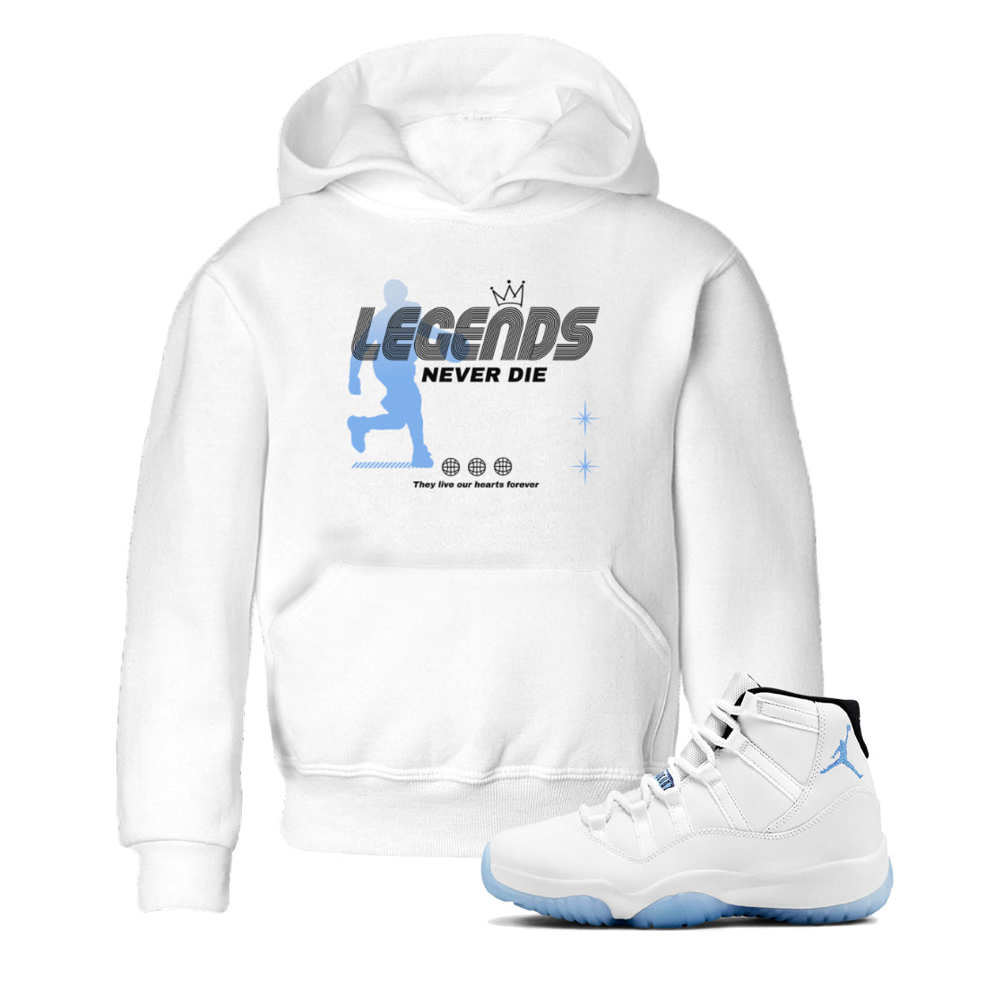 11s Legend Blue shirts to match jordans Legends Never Die sneaker match tees Air Jordan 11 Legend Blue match shoes to clothes Drip Gear Zone Youth Baby White 1 tee