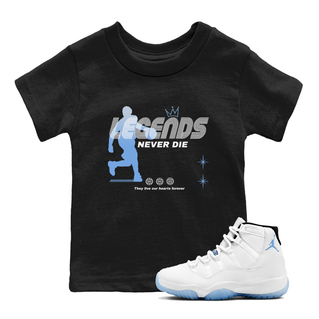 11s Legend Blue shirts to match jordans Legends Never Die sneaker match tees Air Jordan 11 Legend Blue match shoes to clothes Drip Gear Zone Youth Baby Black 1 tee
