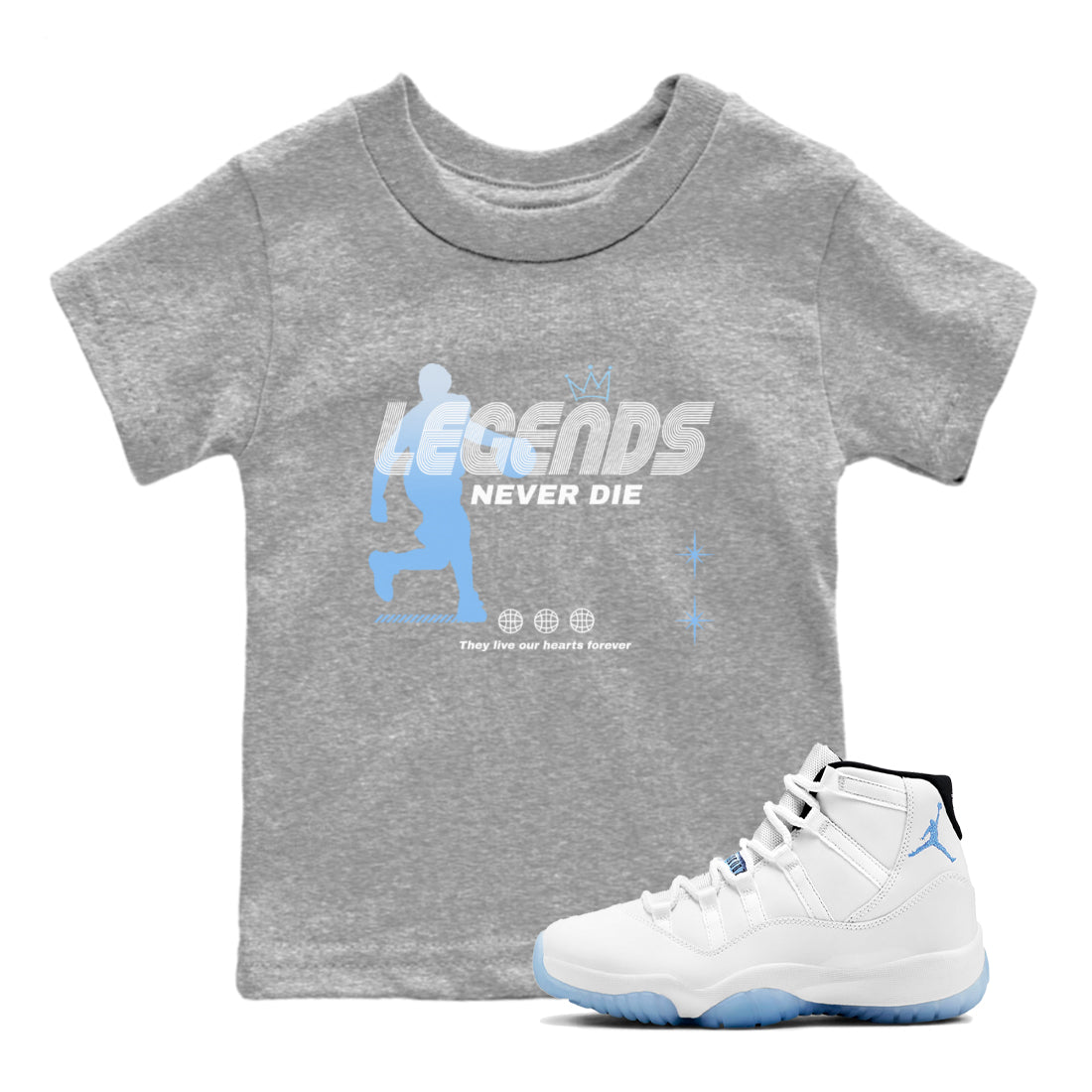 11s Legend Blue shirts to match jordans Legends Never Die sneaker match tees Air Jordan 11 Legend Blue match shoes to clothes Drip Gear Zone Youth Baby Heather Grey 1 tee