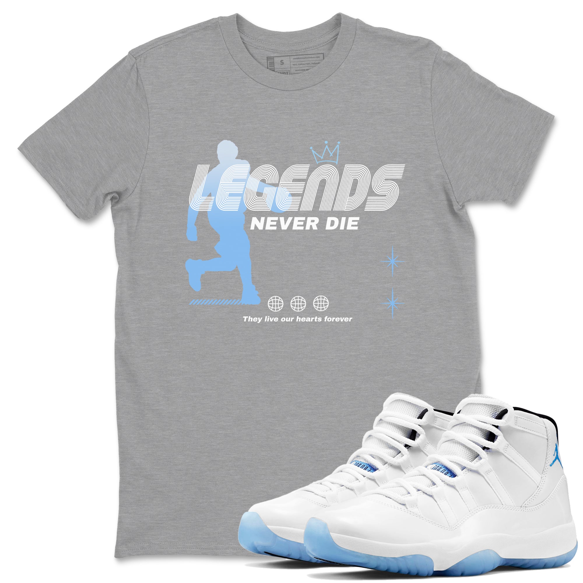 11s Legend Blue shirts to match jordans Legends Never Die sneaker match tees Air Jordan 11 Legend Blue match shoes to clothes Drip Gear Zone unisex cotton Heather Grey 1 shirts