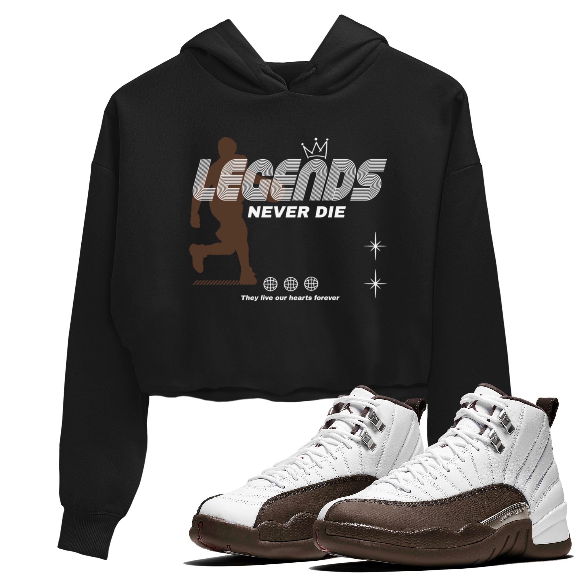 12s Baroque Brown shirts to match jordans Legends Never Die sneaker match tees Air Jordan 12 Baroque Brown match shoes to clothes Drip Gear Zone unisex cotton Black 1 crop tee