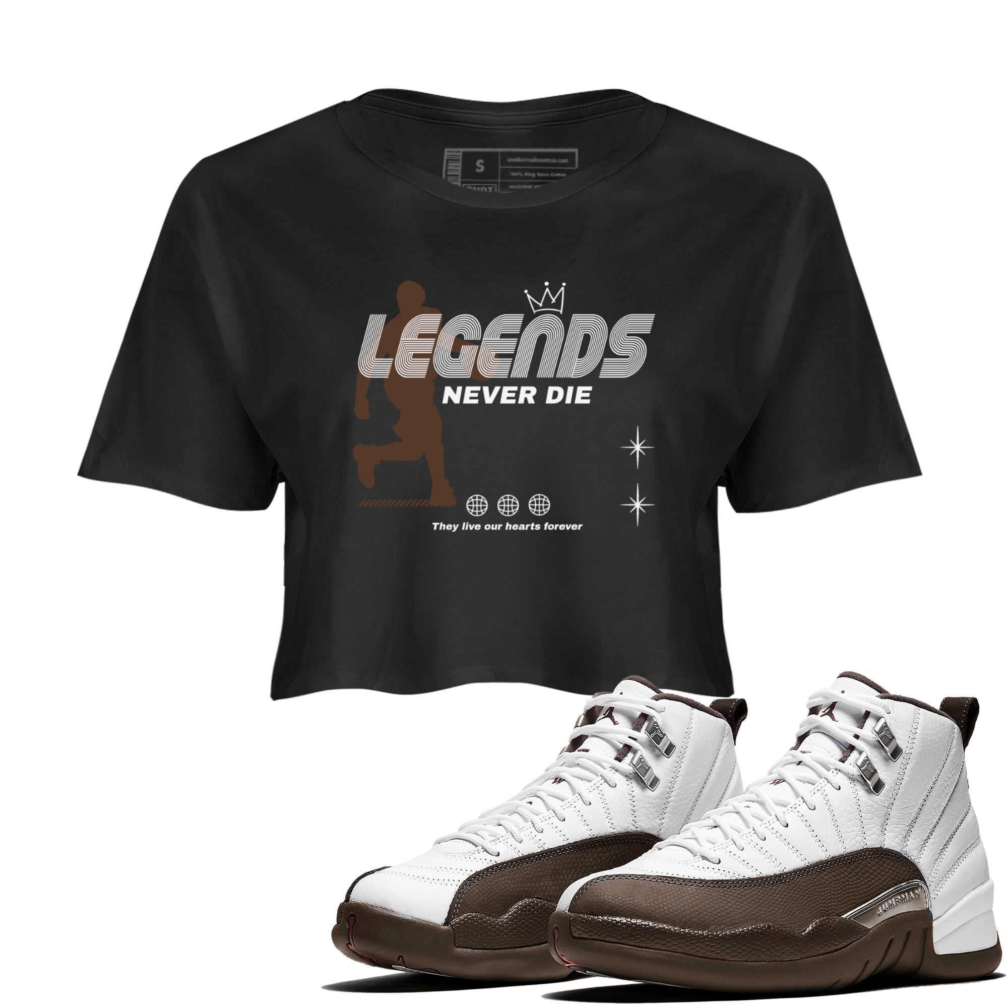 12s Baroque Brown shirts to match jordans Legends Never Die sneaker match tees Air Jordan 12 Baroque Brown match shoes to clothes Drip Gear Zone unisex cotton Black 1 crop tee