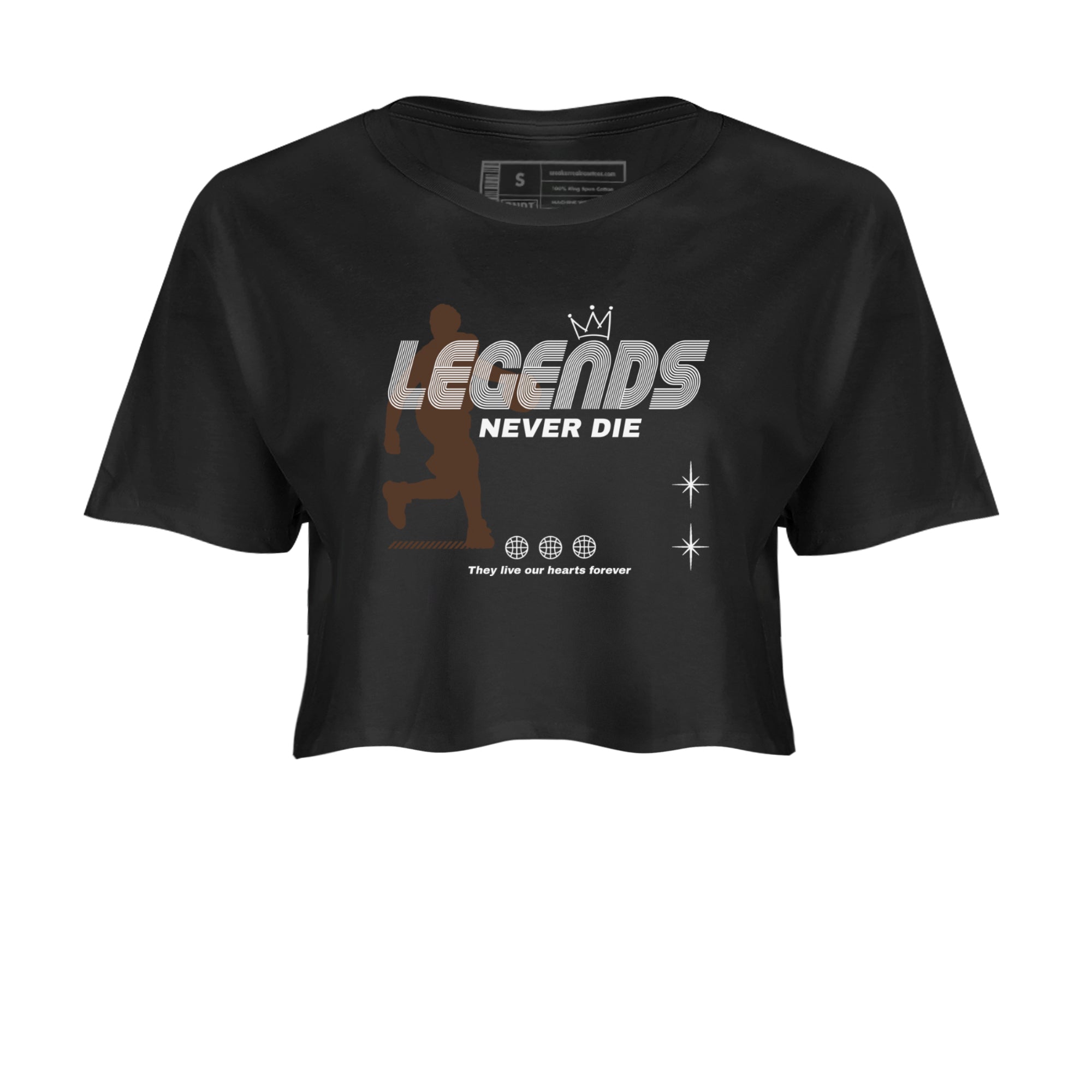 12s Baroque Brown shirts to match jordans Legends Never Die sneaker match tees Air Jordan 12 Baroque Brown match shoes to clothes Drip Gear Zone unisex cotton Black 2 crop tee