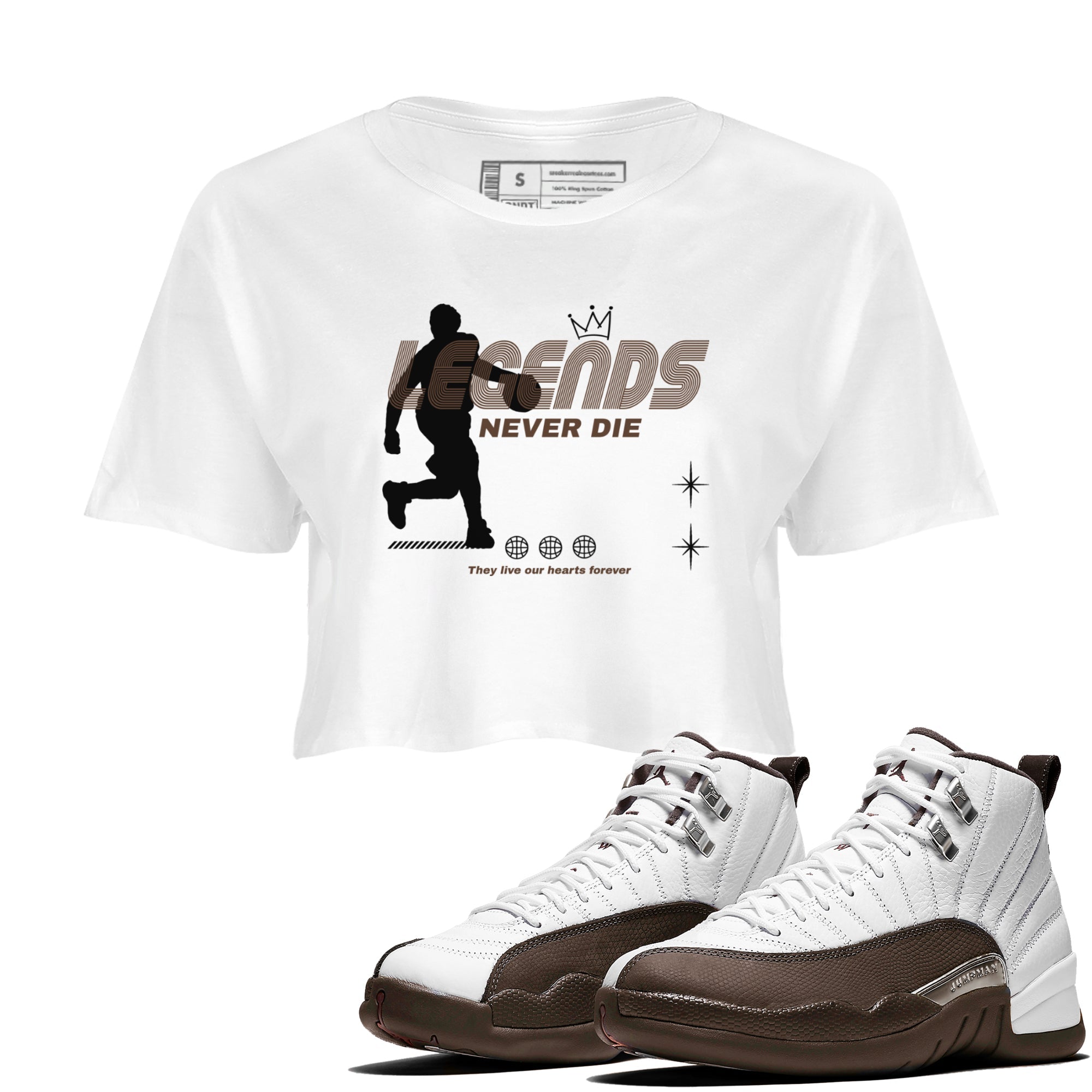 12s Baroque Brown shirts to match jordans Legends Never Die sneaker match tees Air Jordan 12 Baroque Brown match shoes to clothes Drip Gear Zone unisex cotton White 1 crop tee