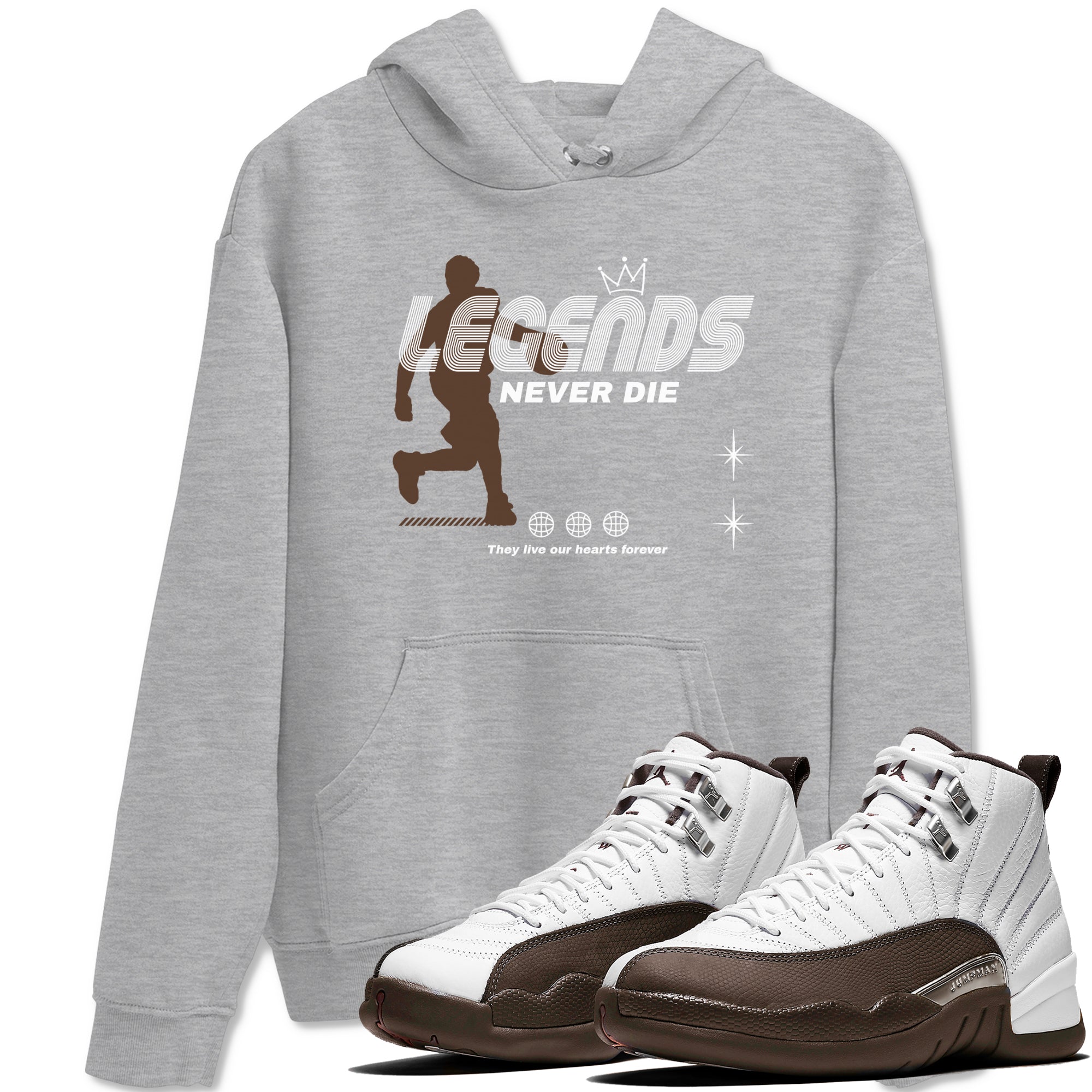 12s Baroque Brown shirts to match jordans Legends Never Die sneaker match tees Air Jordan 12 Baroque Brown match shoes to clothes Drip Gear Zone unisex cotton Heather Grey 1 shirts