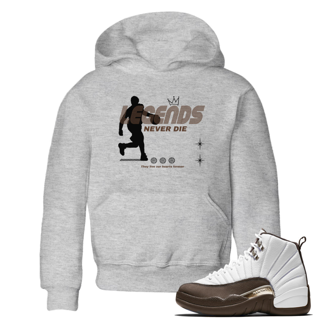 12s Baroque Brown shirts to match jordans Legends Never Die sneaker match tees Air Jordan 12 Baroque Brown match shoes to clothes Drip Gear Zone Youth Baby Heather Grey 1 tee