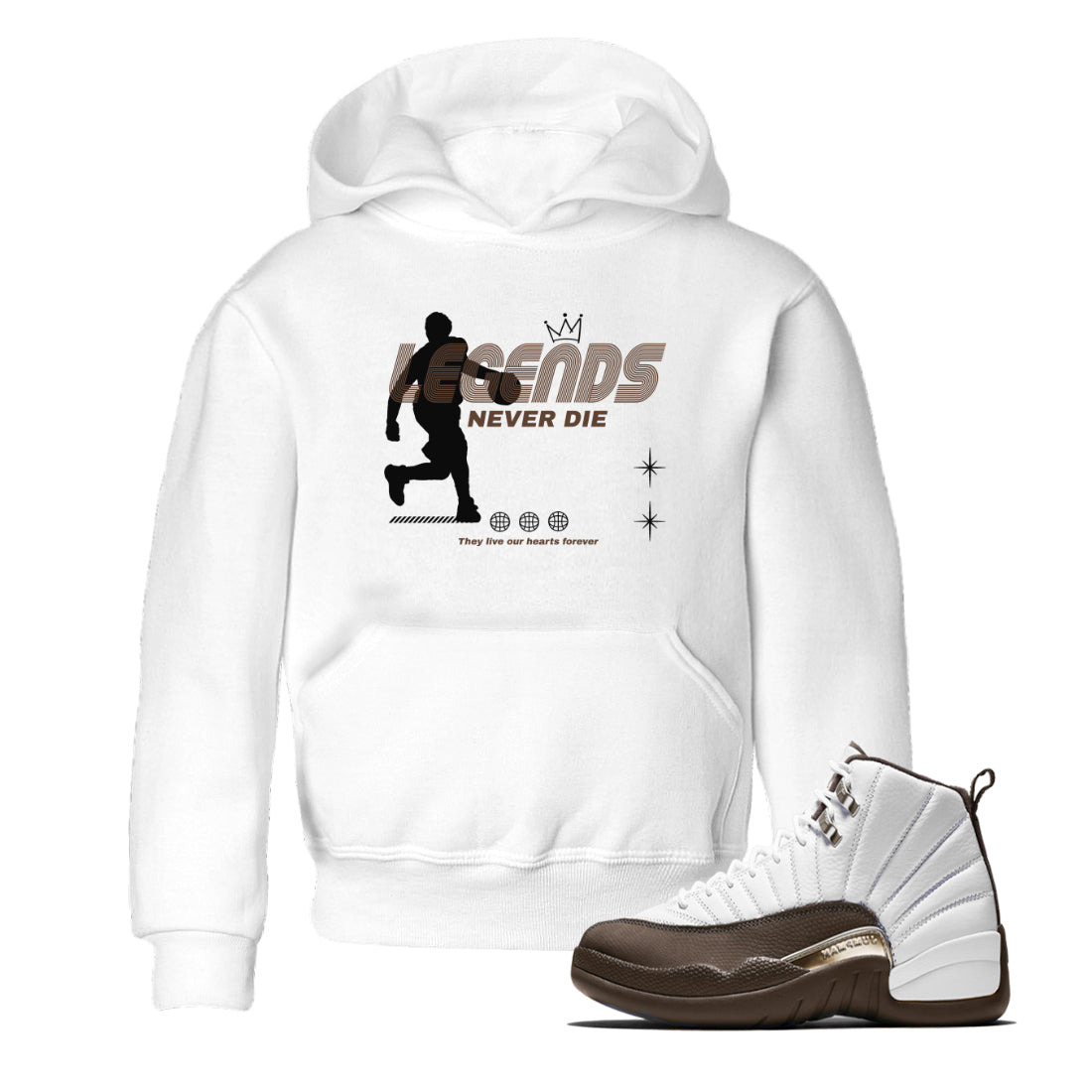12s Baroque Brown shirts to match jordans Legends Never Die sneaker match tees Air Jordan 12 Baroque Brown match shoes to clothes Drip Gear Zone Youth Baby White 1 tee