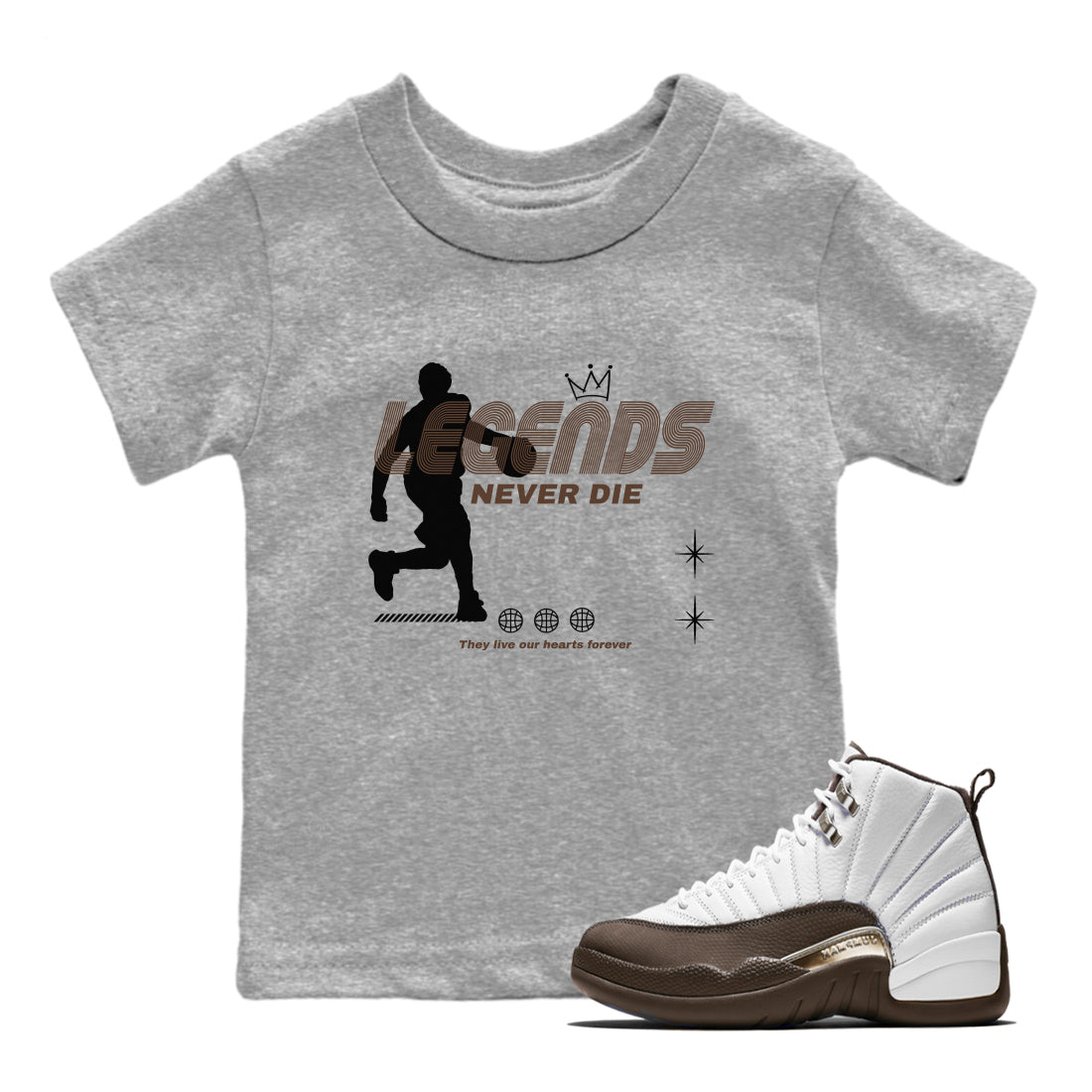 12s Baroque Brown shirts to match jordans Legends Never Die sneaker match tees Air Jordan 12 Baroque Brown match shoes to clothes Drip Gear Zone Youth Baby Heather Grey 1 tee
