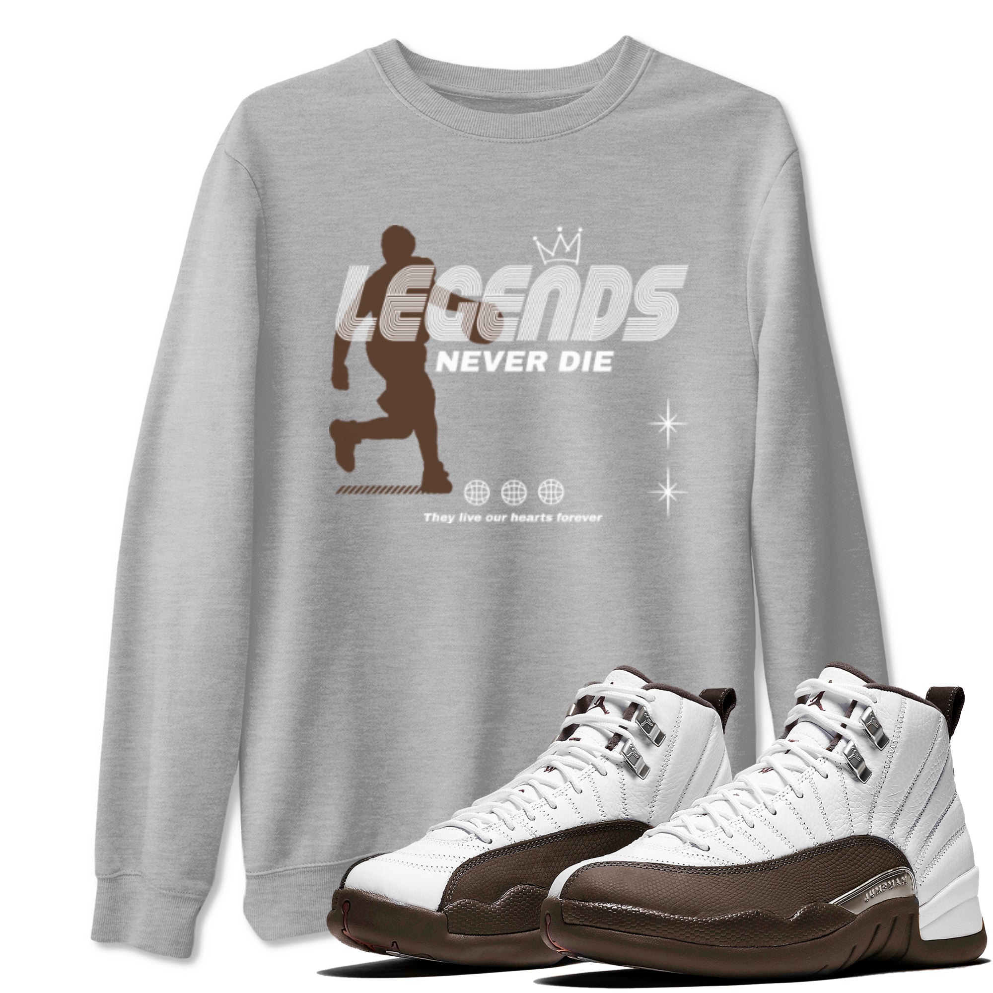 12s Baroque Brown shirts to match jordans Legends Never Die sneaker match tees Air Jordan 12 Baroque Brown match shoes to clothes Drip Gear Zone unisex cotton Heather Grey 1 shirts