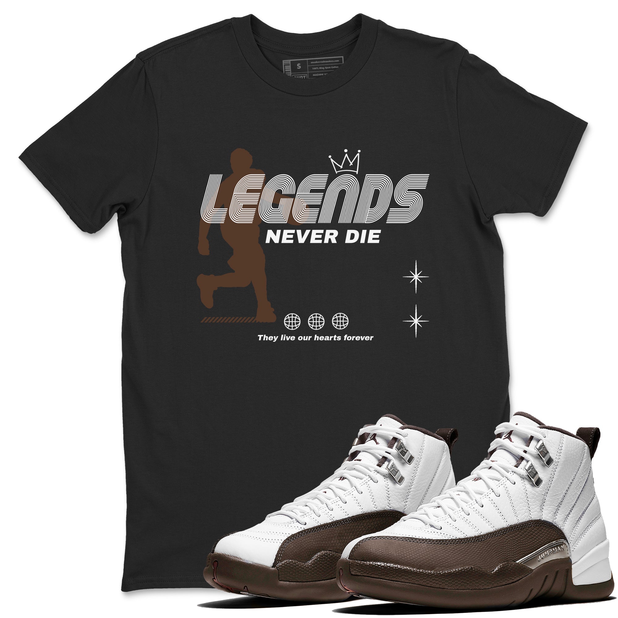 12s Baroque Brown shirts to match jordans Legends Never Die sneaker match tees Air Jordan 12 Baroque Brown match shoes to clothes Drip Gear Zone unisex cotton Black 1 shirts