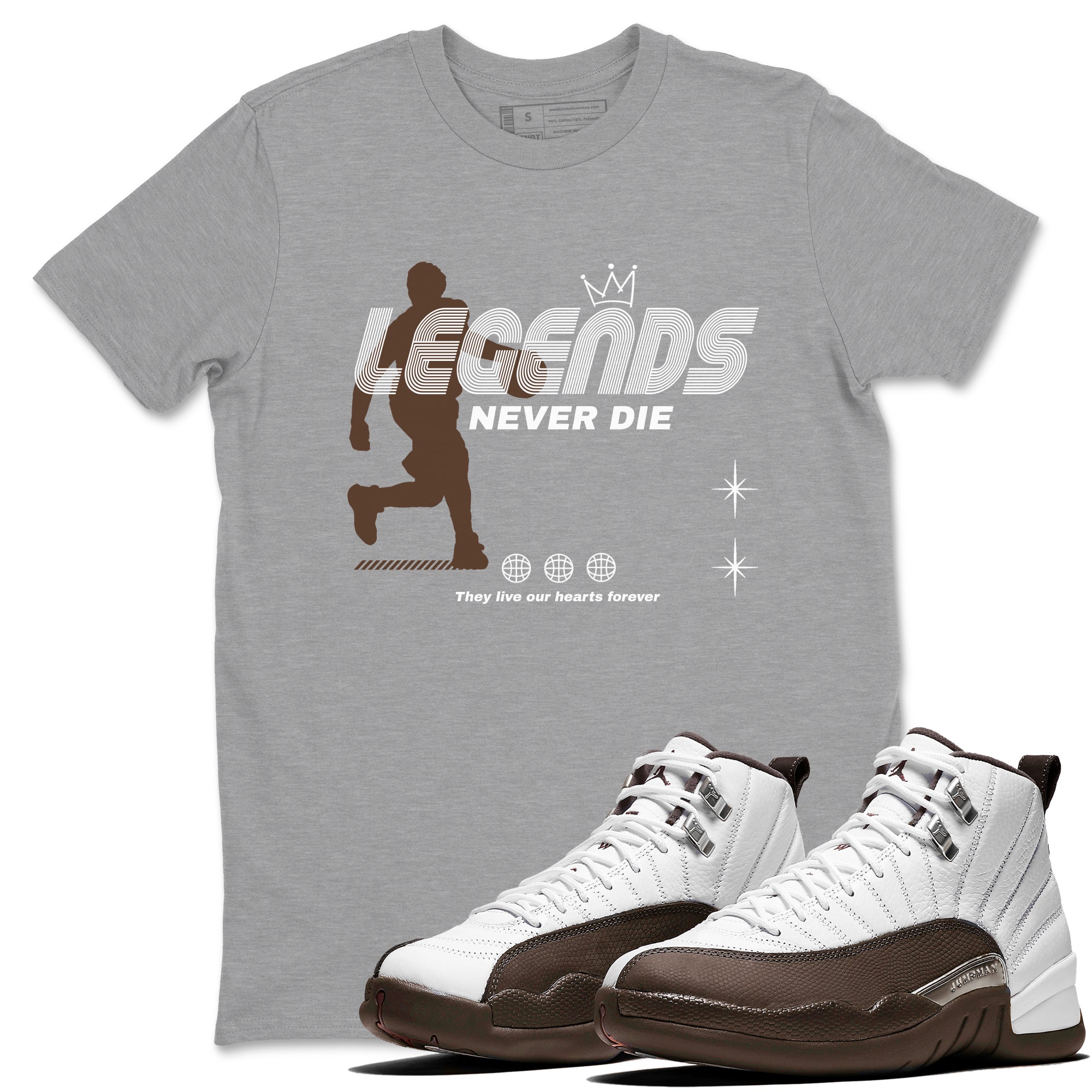 12s Baroque Brown shirts to match jordans Legends Never Die sneaker match tees Air Jordan 12 Baroque Brown match shoes to clothes Drip Gear Zone unisex cotton Heather Grey 1 shirts