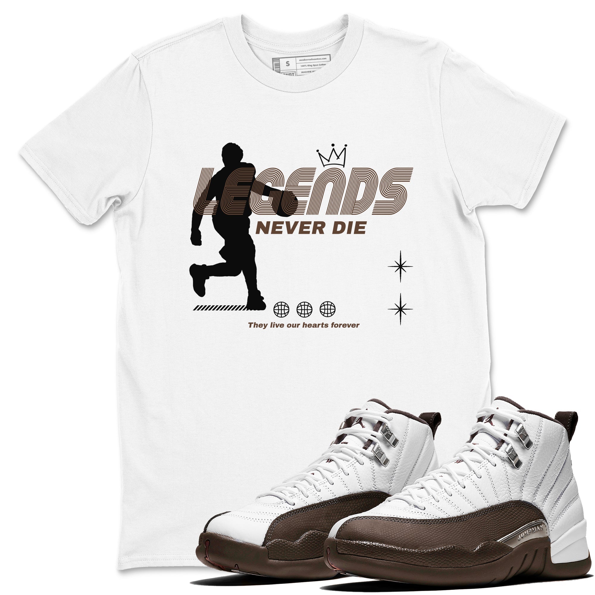 12s Baroque Brown shirts to match jordans Legends Never Die sneaker match tees Air Jordan 12 Baroque Brown match shoes to clothes Drip Gear Zone unisex cotton White 1 shirts
