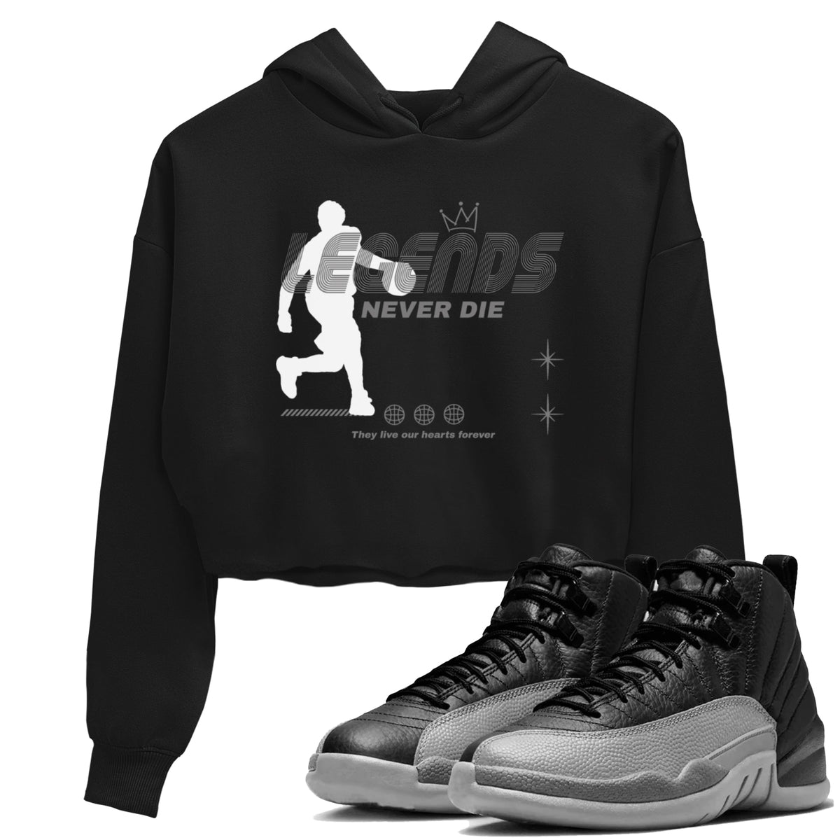 12s Black Wolf Grey shirts to match jordans Legends Never Die sneaker match tees Air Jordan 12 Black Wolf Grey match shoes to clothes Drip Gear Zone unisex cotton Black 1 crop tee